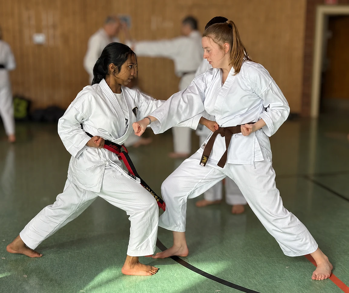 Zwei Karateka trainieren gemeinsam im Dojo
